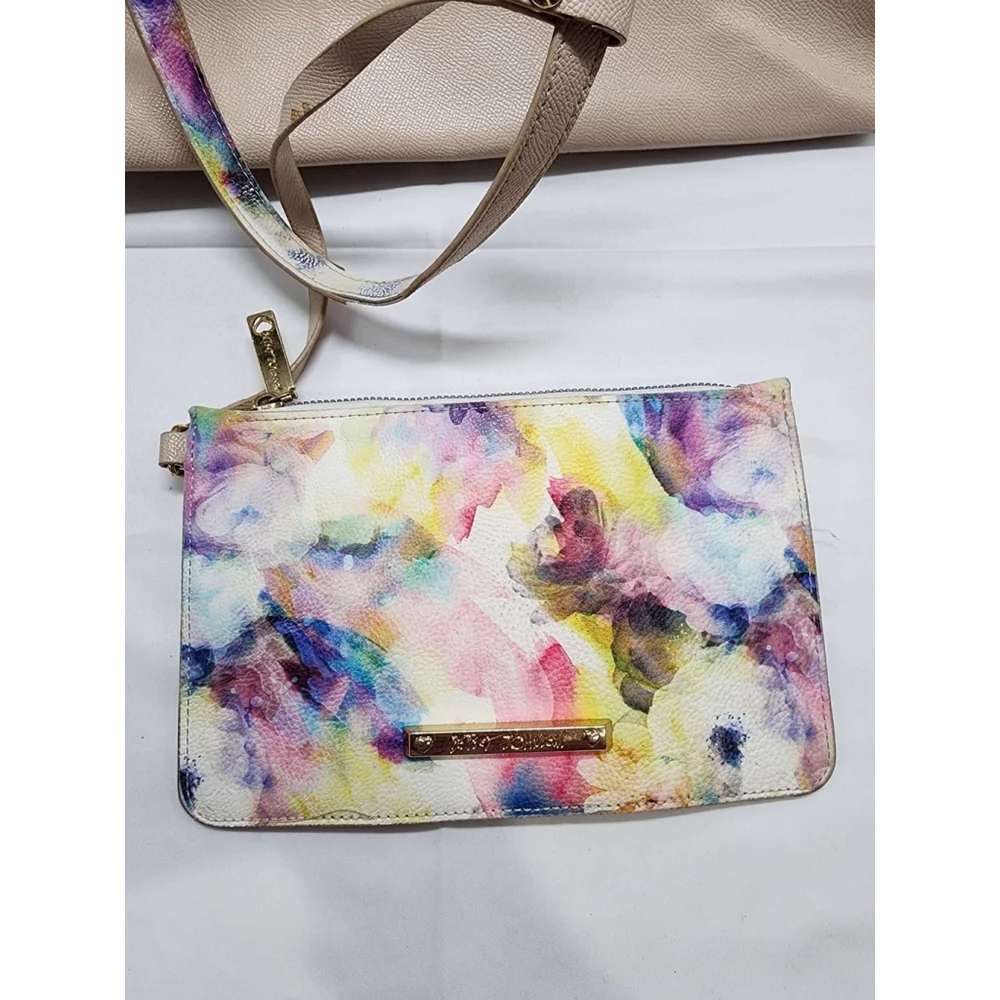 Betsey Johnson Tote Bag with Matching Wallet Floral Scarf Detail Nude Tan Used